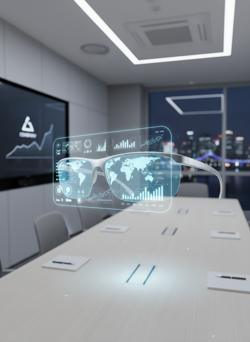 An ultra-modern smart glass headset with semi-transparent, slightly tinted lenses hovering in front of a large wall-mounted display in a minimalist conference room. The smart glass UI appears as a floating dashboard of charts and maps projected in front of the lenses, implying enterprise productivity use. The room features light gray walls, a pale wooden table, and a blurred Seoul cityscape through a distant window. Cool, even overhead LED lighting creates a neutral, professional atmosphere with soft shadows under the device. Photographed from a three-quarter angle, the glasses dominate the foreground in sharp focus while the background remains lightly blurred. The mood is analytical and business-oriented, emphasizing smart glasses as essential tools for the modern workplace in a realistic, clean photographic style.