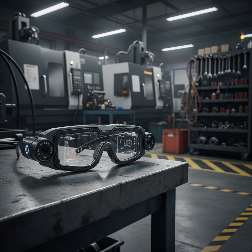 A pair of robust, industrial smart glasses with reinforced dark gray frames and side-mounted camera modules resting on a slightly scratched metal workbench in a factory setting. Around them, out of focus, are CNC machines, tool racks, and yellow safety markings on the floor, suggesting heavy manufacturing in Korea. Harsh overhead fluorescent lights cast defined shadows and subtle reflections on the metal surfaces, emphasizing durability and practicality. The composition uses a low, close-up perspective along the bench, with the glasses placed using the rule of thirds to draw attention to their rugged design and embedded sensors. The mood is functional and efficient, captured in high-contrast photographic realism to highlight smart glasses as critical tools for industrial field operations and remote assistance.